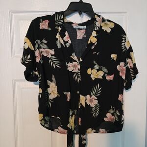 Floral Button-Front And Tie-Front Womens Top - Black with Pink & Yellow Flowers